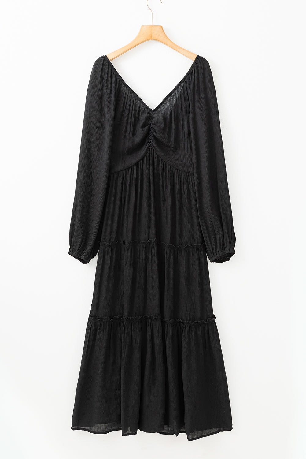 Black V Neck Bowknot Cutout Frill Tiered Maxi Long Sleeve Dress