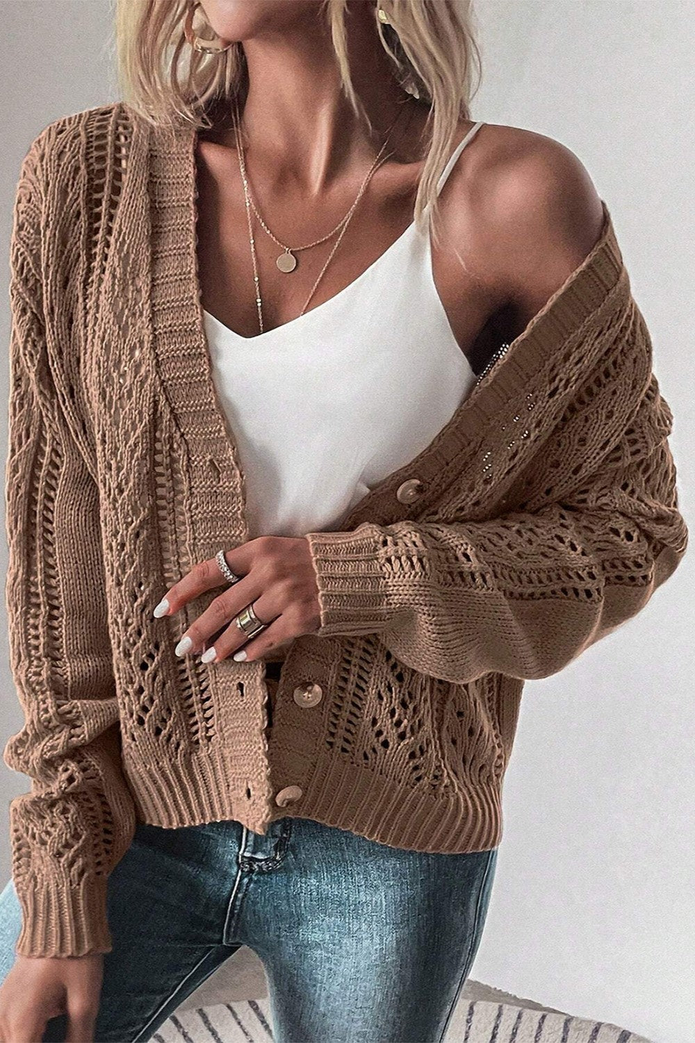 Openwork Button Up Long Sleeve Cardigan Sweater