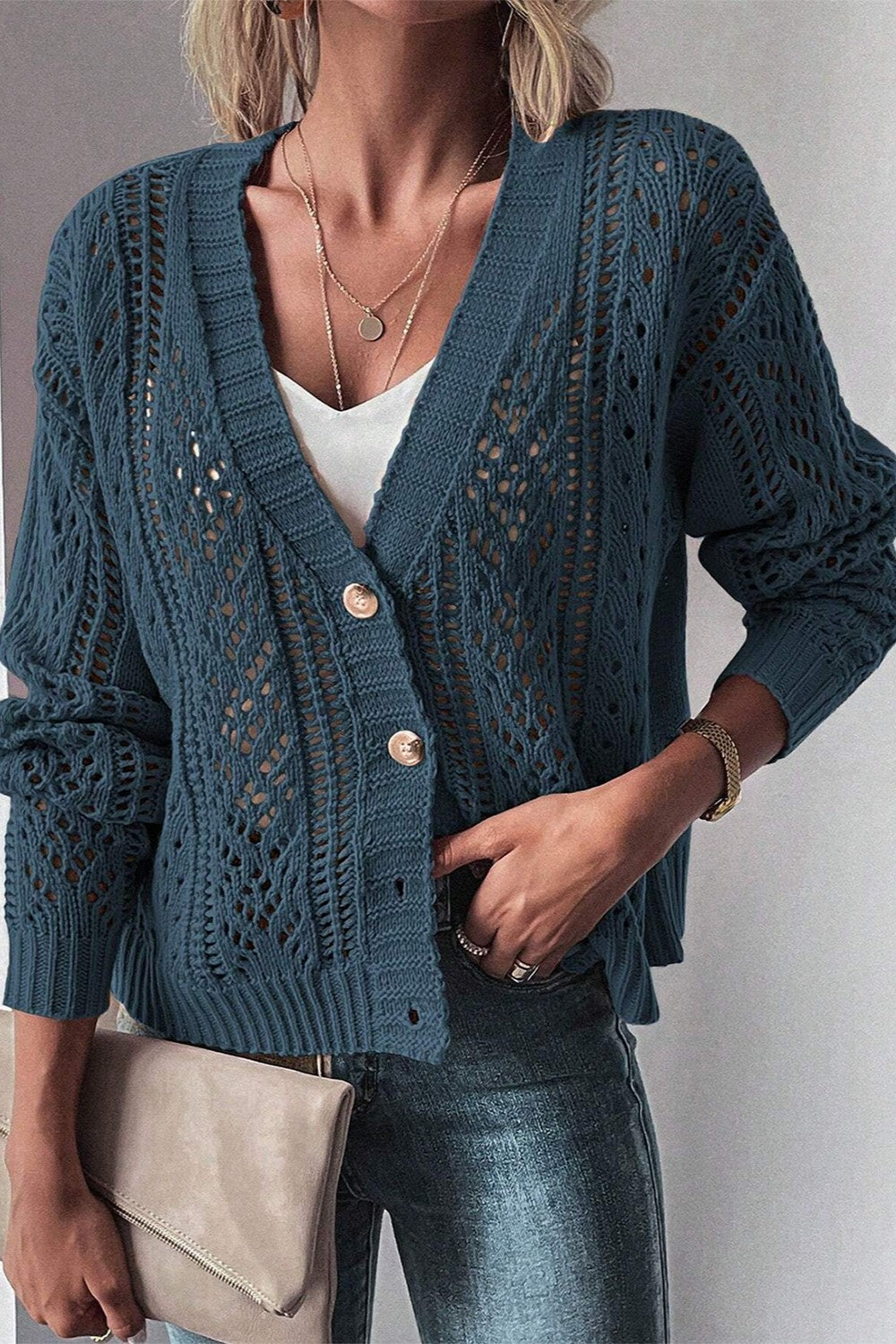 Openwork Button Up Long Sleeve Cardigan Sweater