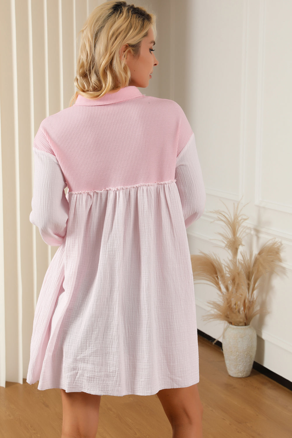 Buttoned Collared Neck Dropped Shoulder Mini Long Sleeve Dress