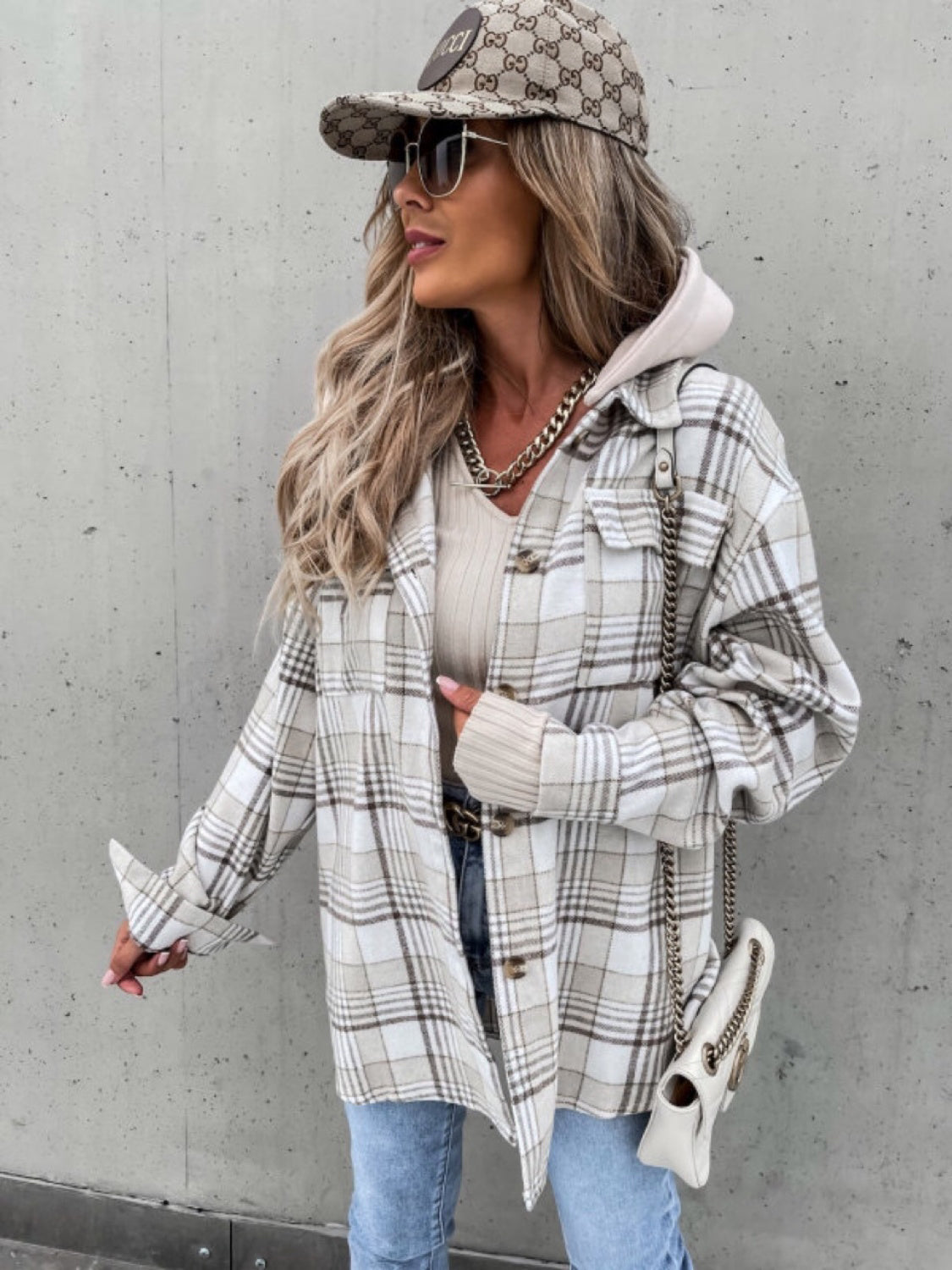 Plaid Dropped Shoulder Hooded Shacket