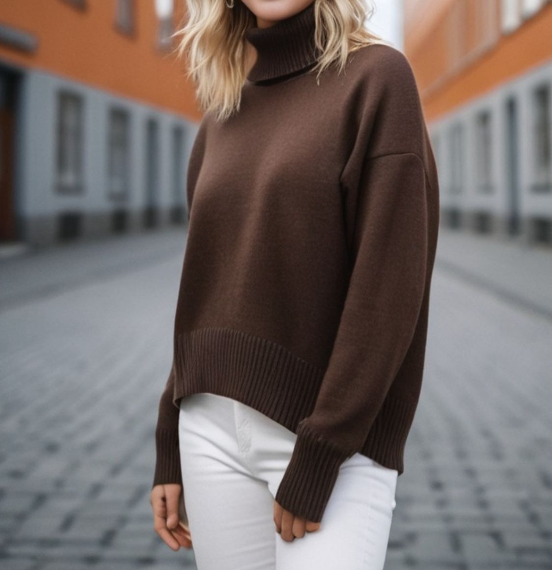 Turtleneck Dropped Shoulder Long Sleeve Sweater ONE SIZE