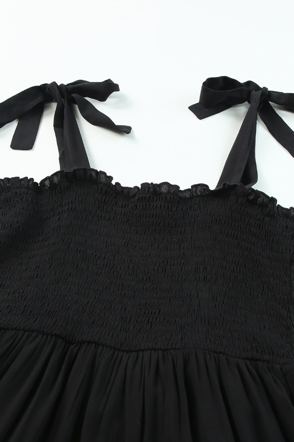 Black Tie Strap Smocked Frill Tiered Midi Dress