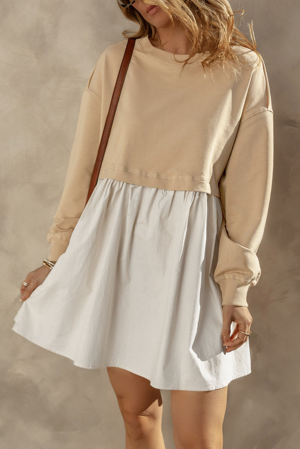 Pale Khaki Sweatshirt Poplin Mini Long Sleeve Dress