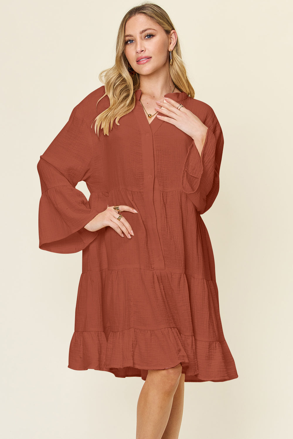 Texture Button Up Ruffle Hem Long Sleeve Dress