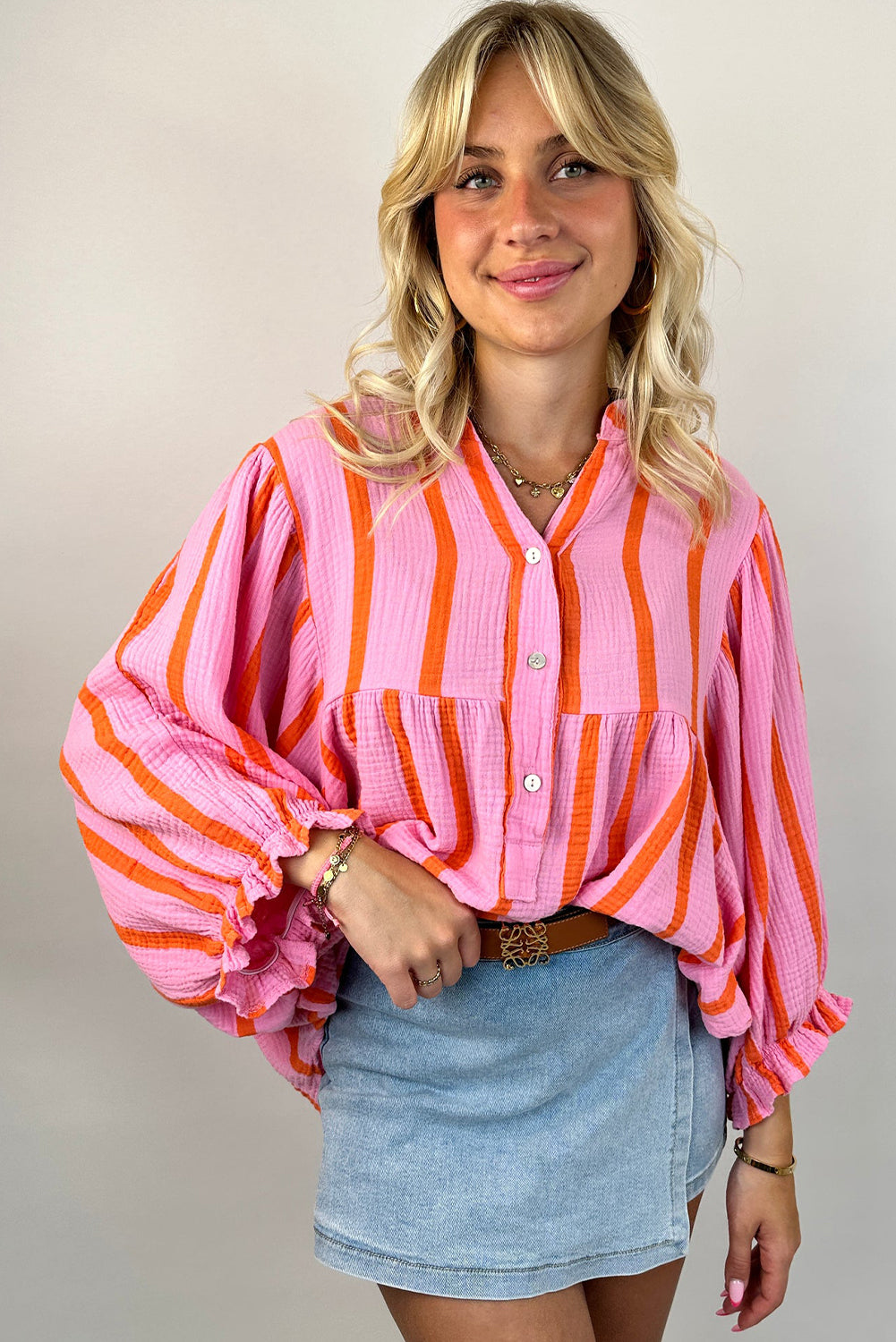 Orange Stripe Crinckled Ruffled Sleeve Button up Loose Shirt