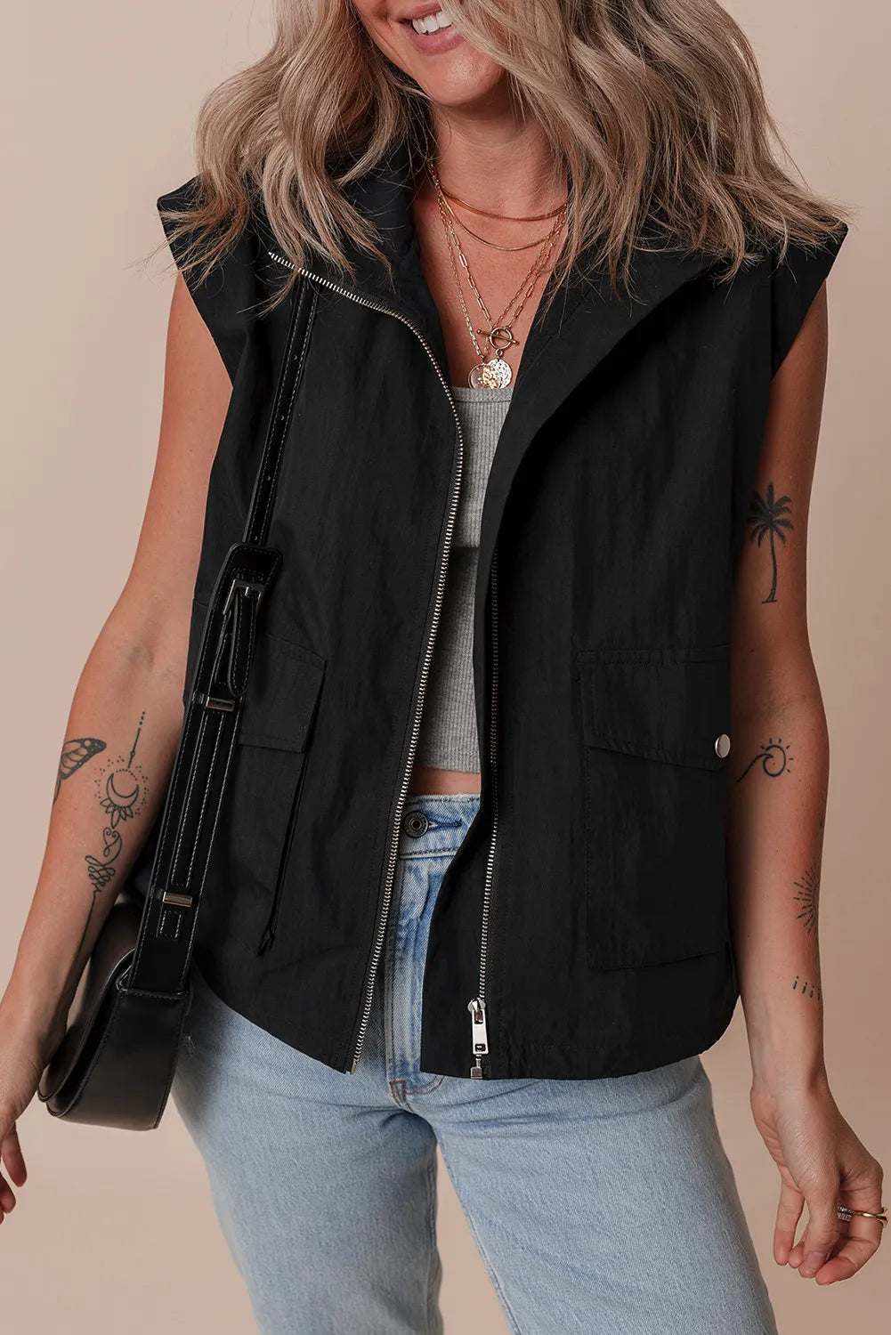 Pocketed Zip Up Vest Shacket