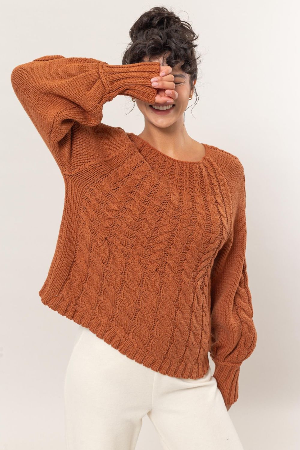 Cable-Knit Round Neck Raglan Sleeve Fall Sweater