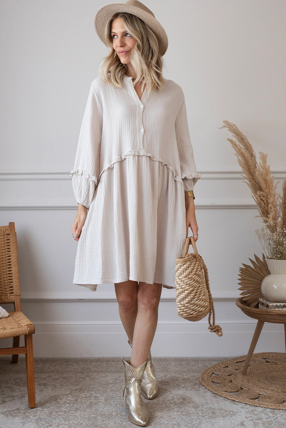 Apricot Frill Trim Half Buttoned Textured Long Sleeve Dress