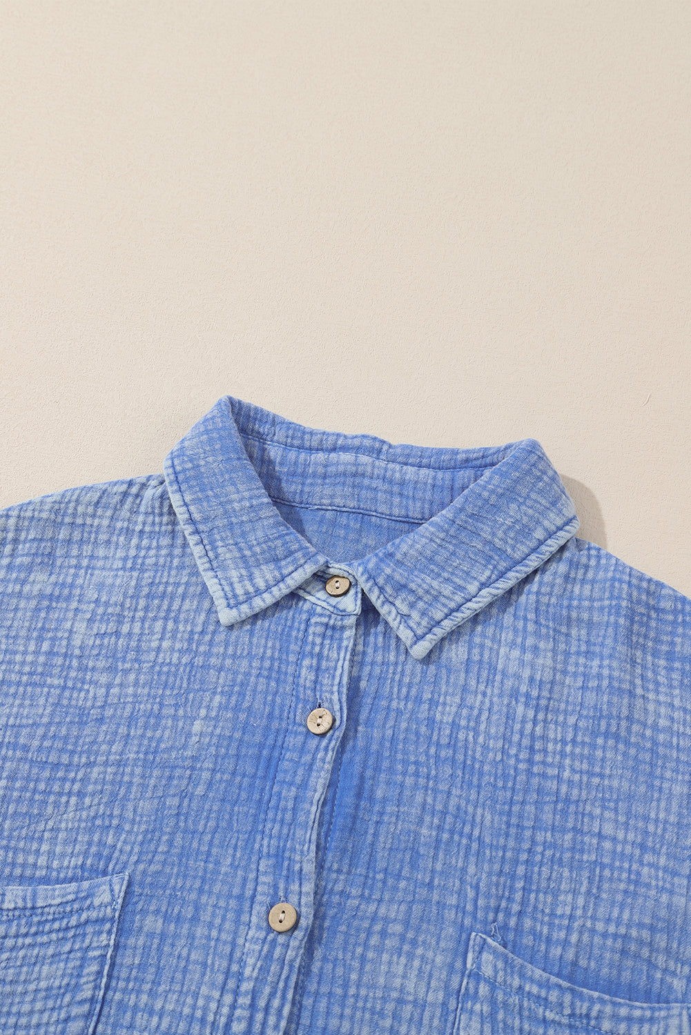 Sky Blue Mineral Wash Crinkle Textured Chest Pockets Shirt