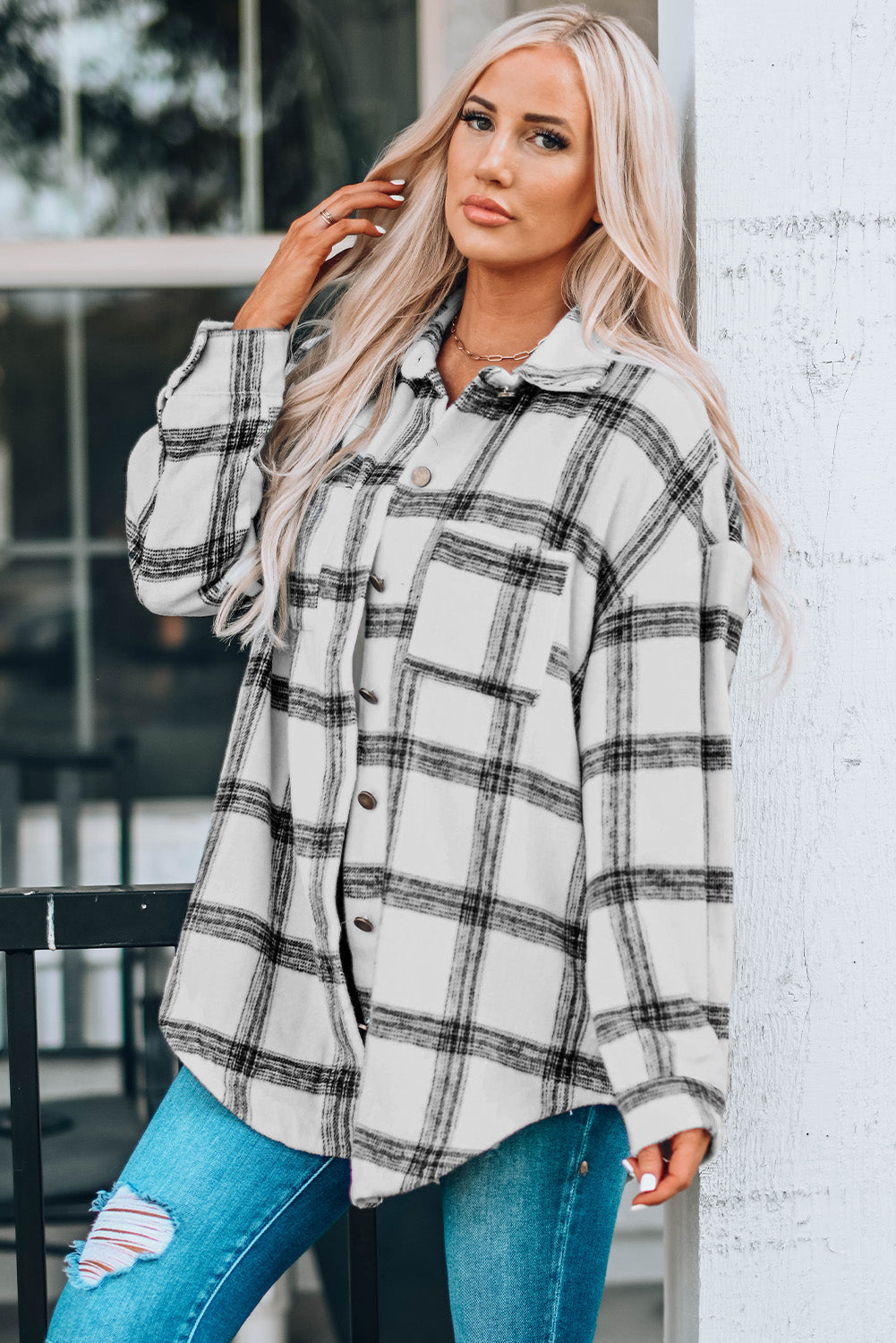 Plaid Curved Hem Dropped Shoulder Longline Shirt Shacket