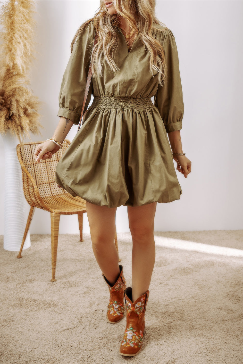 Johnny Collar Three-Quarter Long Sleeve Dress