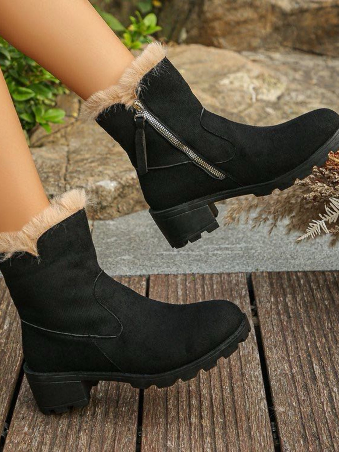 Suede Fur Block Heel Boots