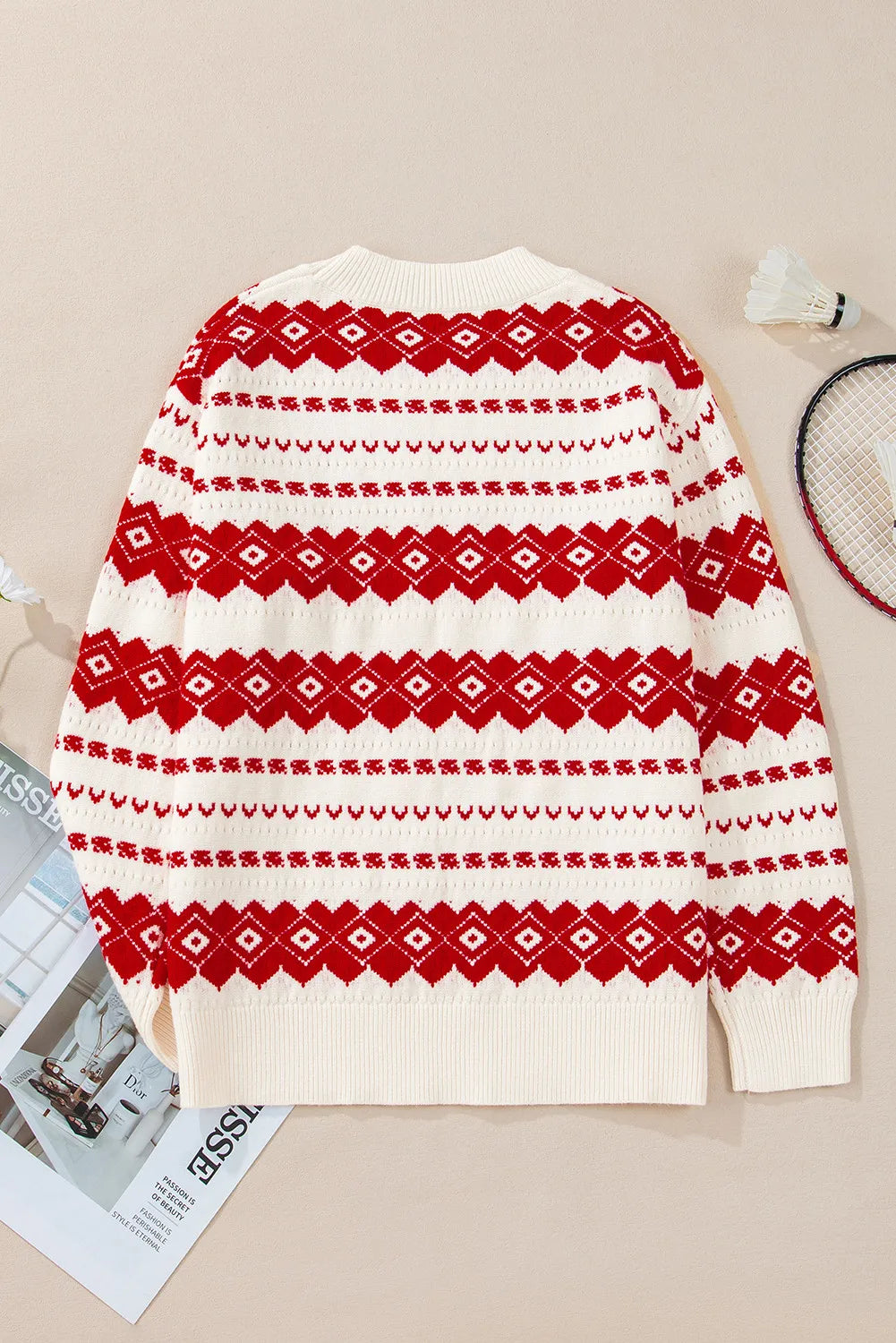 Geometric Round Neck Dropped Shoulder Sweater-CHRISTMAS SWEATER