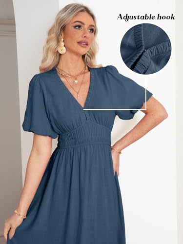 Maxi Dress V Neck Puff Sleeve Flowy Linen Like Dress