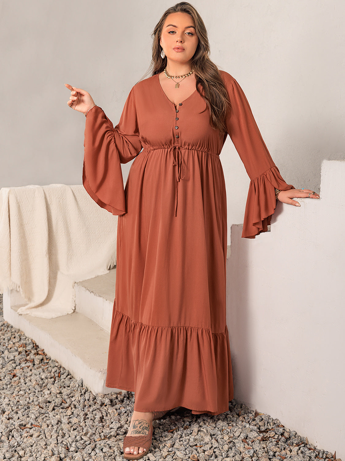 Plus Size V-Neck Flare Sleeve Maxi Dress