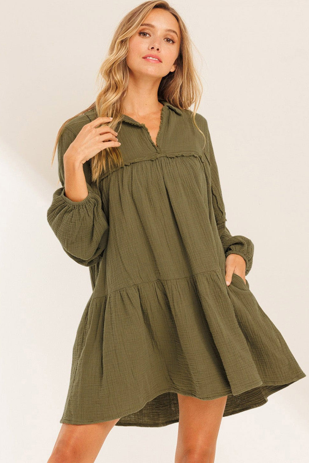 Green Frayed Trim Split Neck Puff Sleeve Flared Long Sleeve Dress