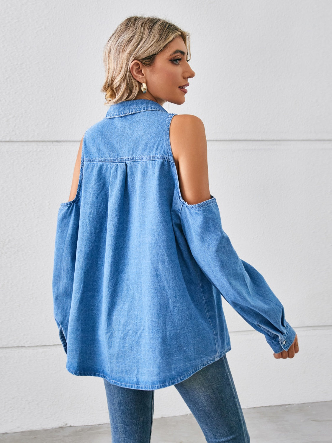 Cold Shoulder Pocketed Button Up Denim Shacket