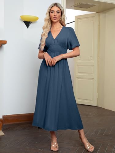 Maxi Dress V Neck Puff Sleeve Flowy Linen Like Dress