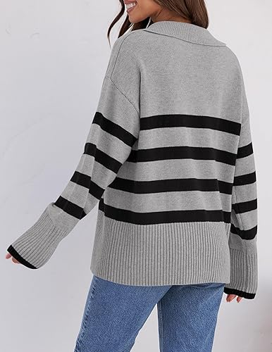 Lapel V Neck Long Sleeve Striped Chunky Knit Oversized Pullover Sweater