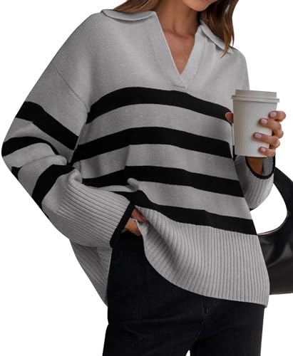 Lapel V Neck Long Sleeve Striped Chunky Knit Oversized Pullover Sweater