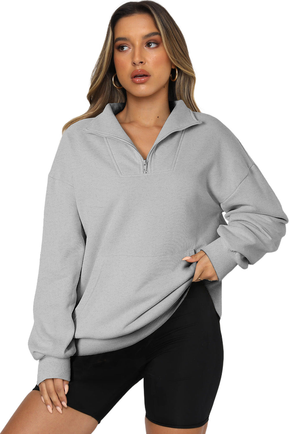 Gray Zipped Funnel Neck Kangaroo Pocket Sweatshirt