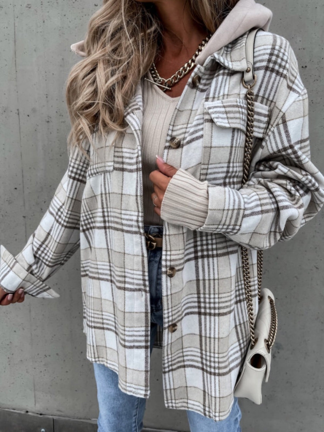 Plaid Dropped Shoulder Hooded Shacket