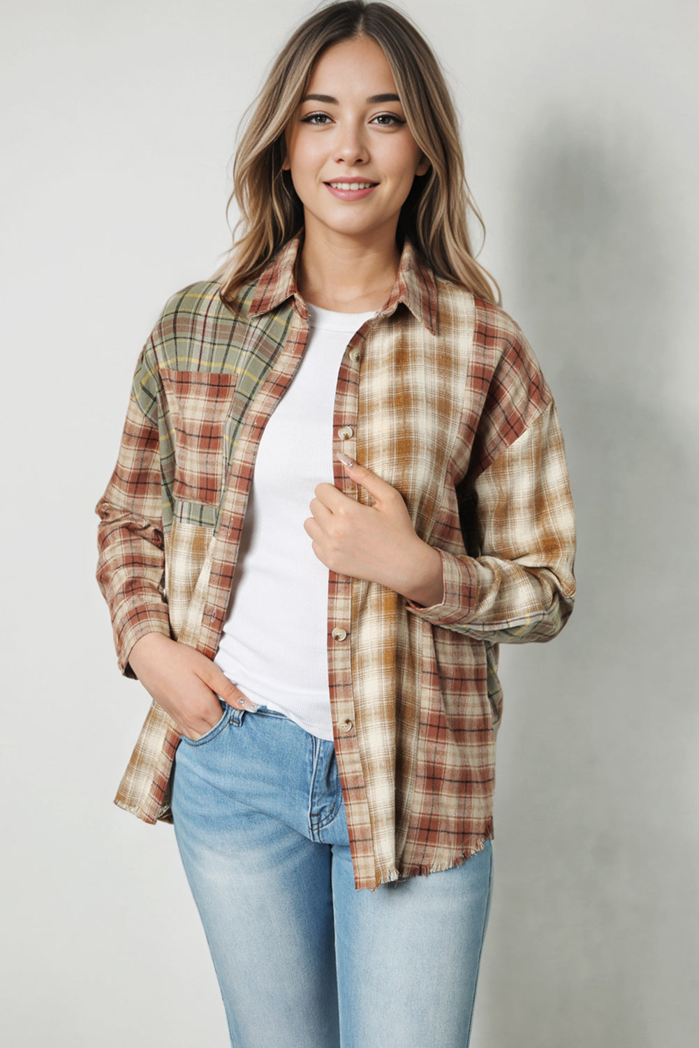 Brown Multi Plaid Patchwork Raw Edge Casual Shirt