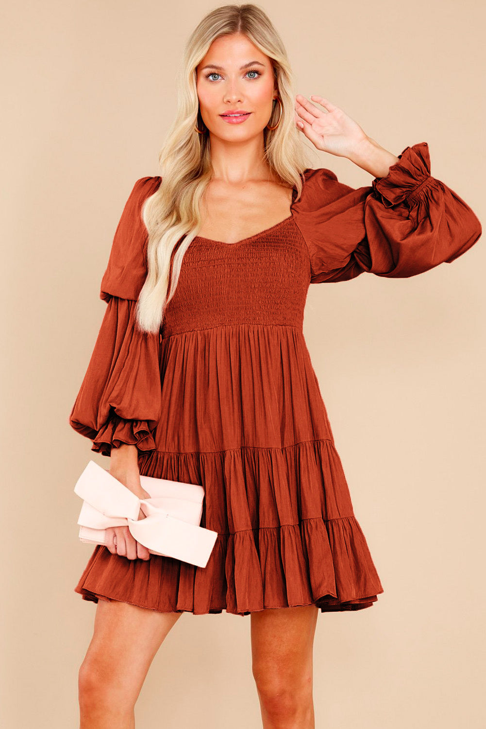 Brown Long Sleeve Off Shoulder Ruffle Mini Dress