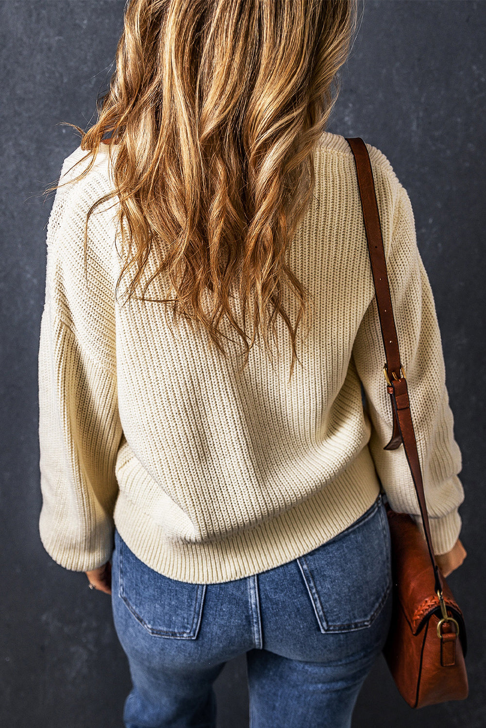 Beige Plain Knitted Buttoned V Neck Sweater Cardigan