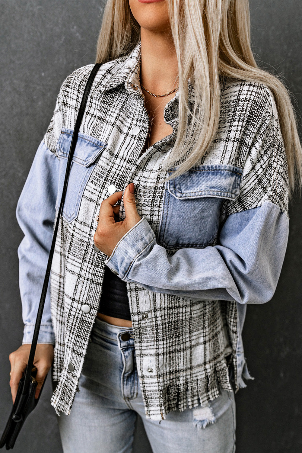 Plaid Pocketed Snap Down Denim Shacket