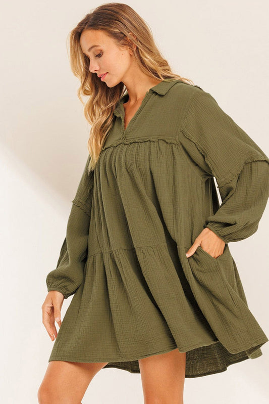 Green Frayed Trim Split Neck Puff Sleeve Flared Long Sleeve Dress