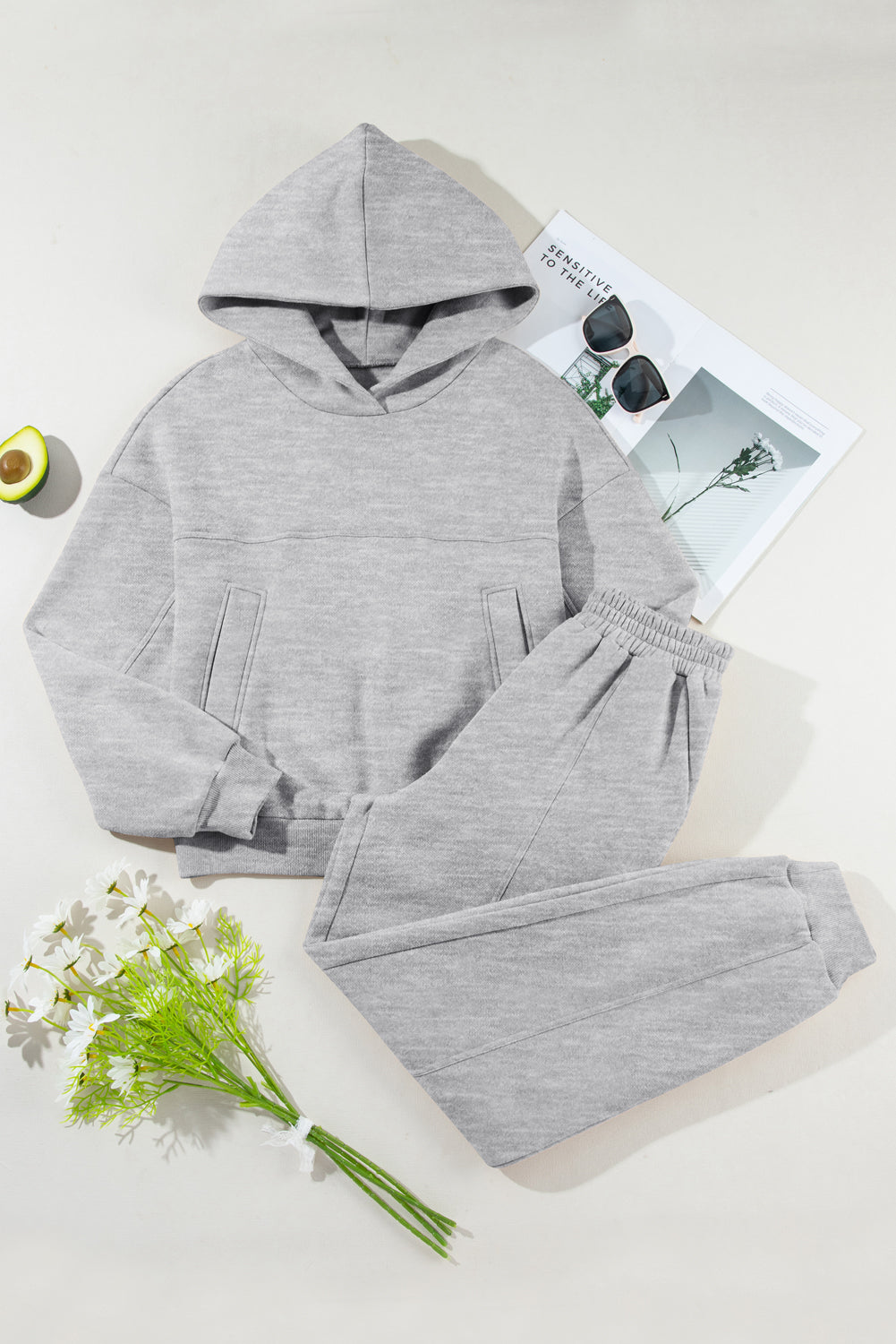 Dropped Shoulder Long Sleeve Hoodie and Pants Active Sweatshirt Set