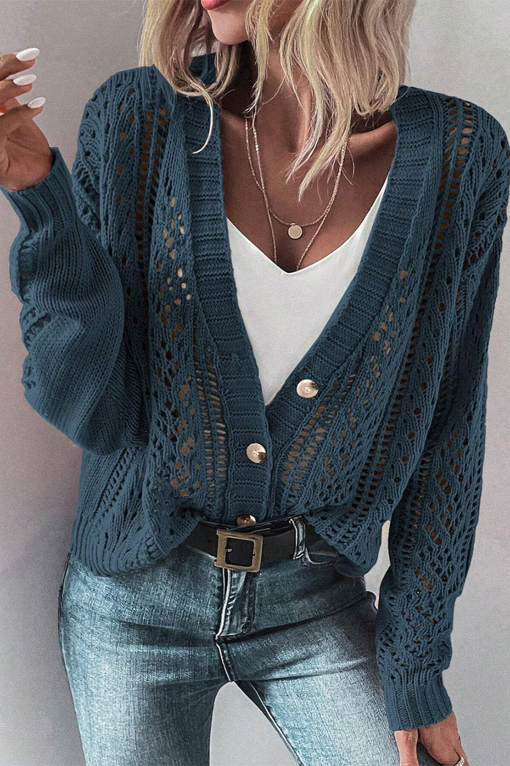 Openwork Button Up Long Sleeve Cardigan Sweater