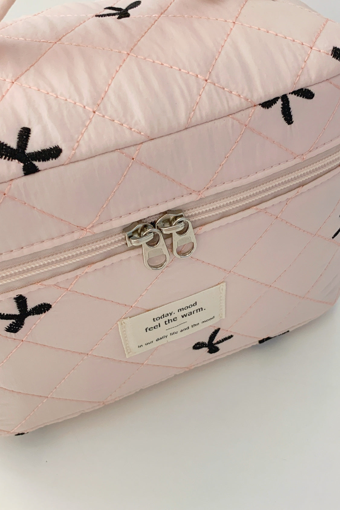 Bow Embroidered Quilted Storage Bag with Zip