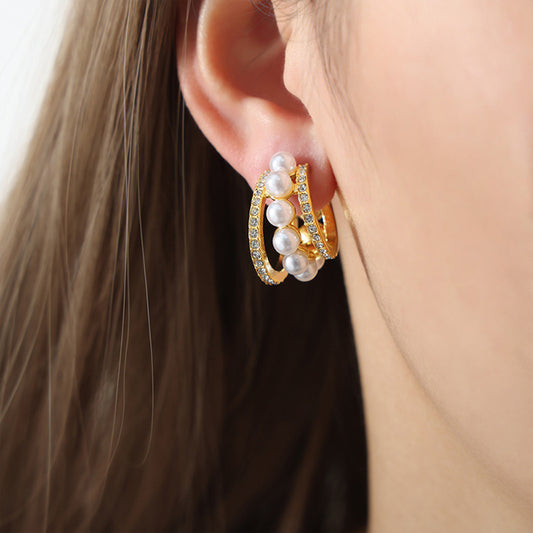 Pearl Gold-plated Titanium Steel C-Hoop Earrings