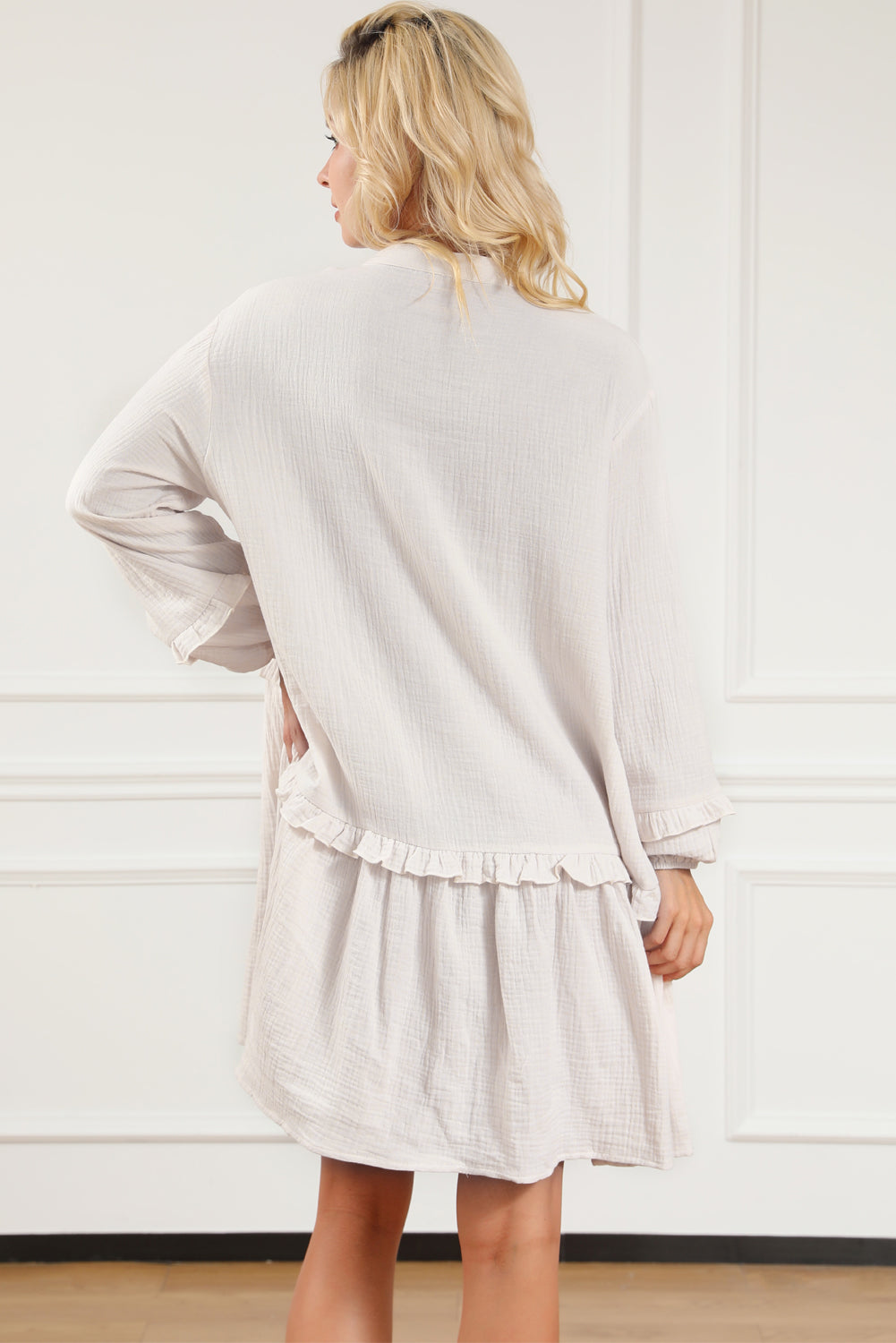 Apricot Frill Trim Half Buttoned Textured Long Sleeve Dress