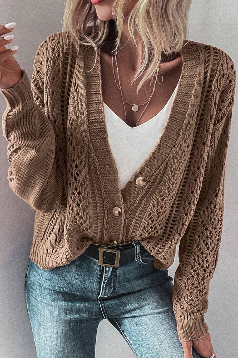 Openwork Button Up Long Sleeve Cardigan Sweater