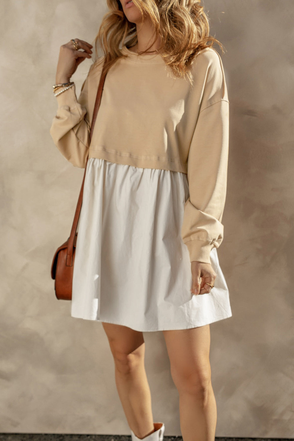 Pale Khaki Sweatshirt Poplin Mini Long Sleeve Dress