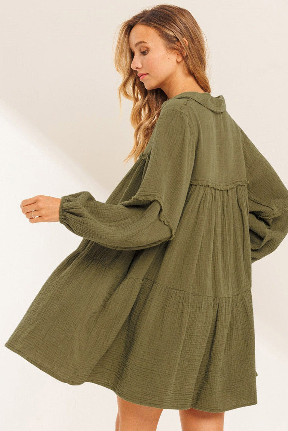 Green Frayed Trim Split Neck Puff Sleeve Flared Long Sleeve Dress