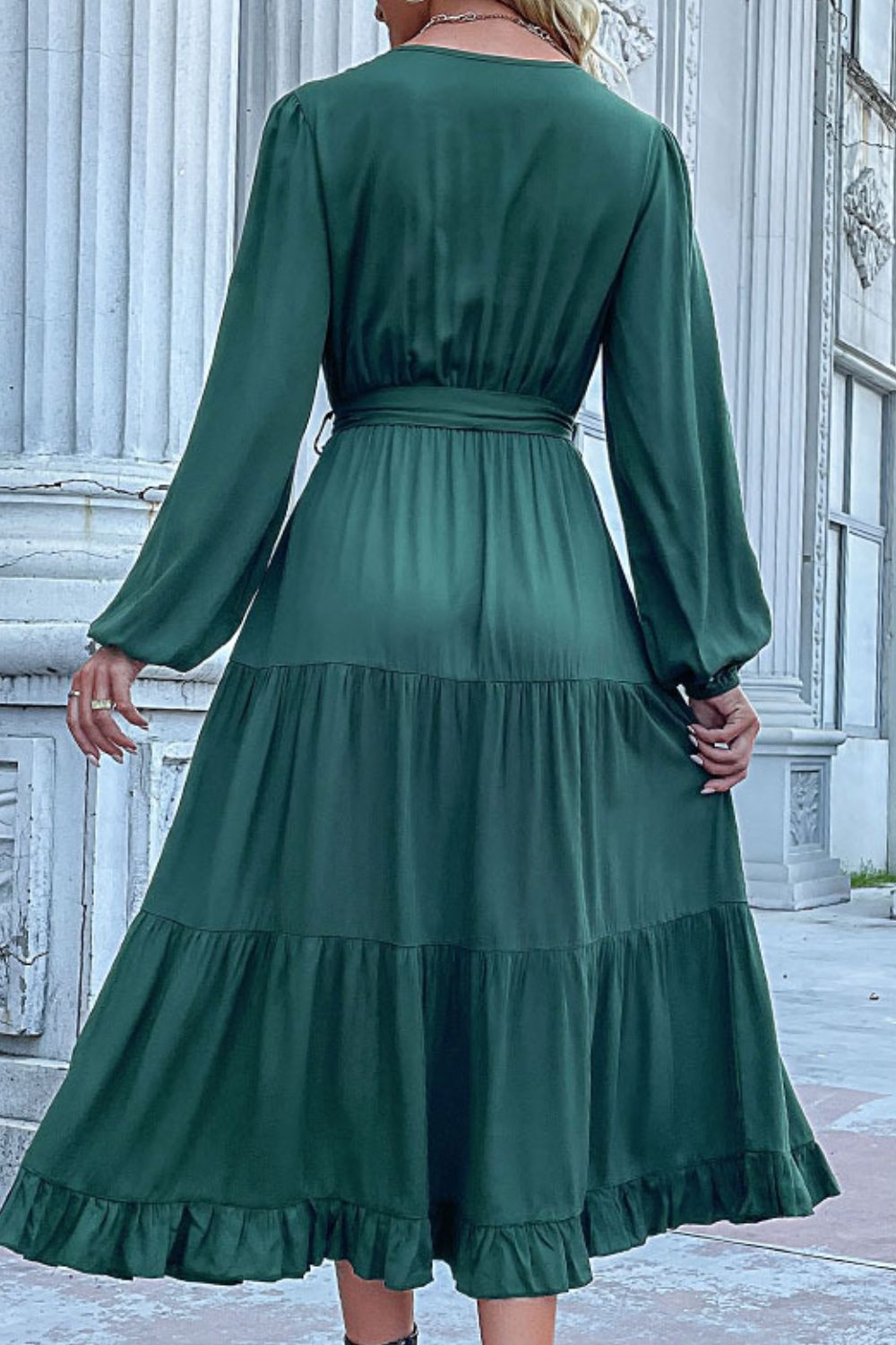 Buttoned V-Neck Puff Long Sleeve Tiered Dress