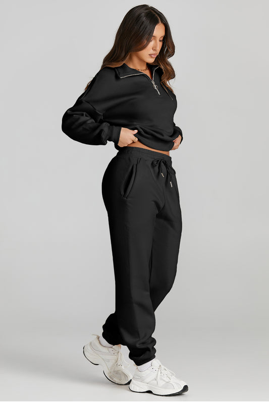 Quarter Zip Top and Drawstring Pants Active Sweatshirt Set