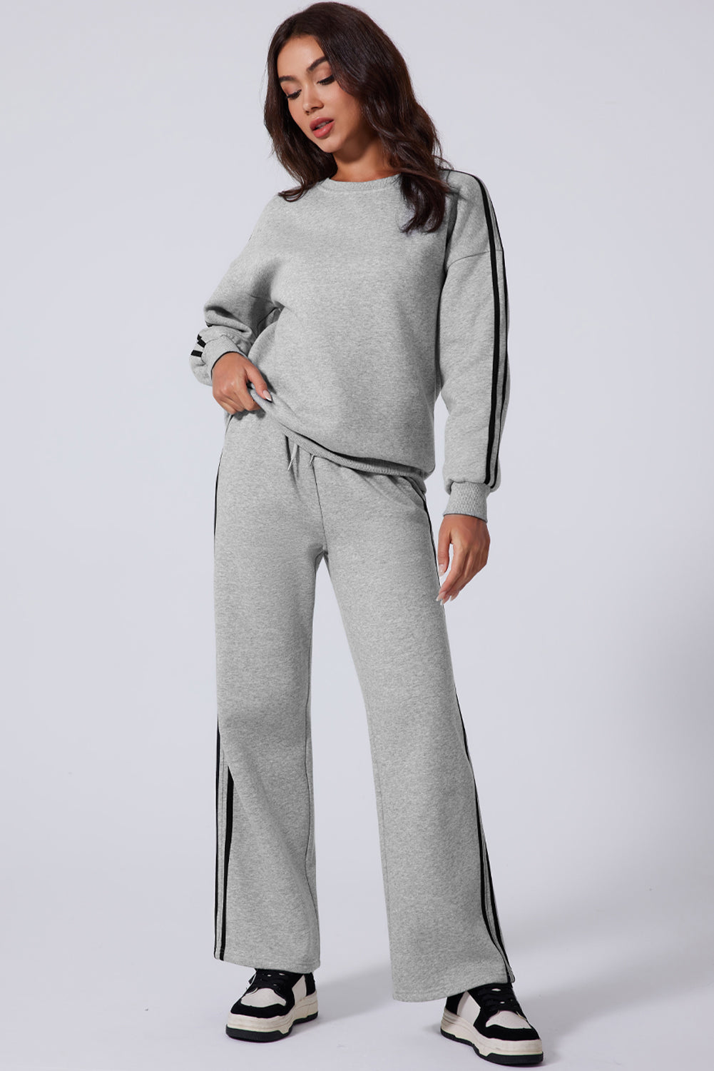 Light Grey Solid Color Side Striped Sweatshirt Active Sweatshirt Set