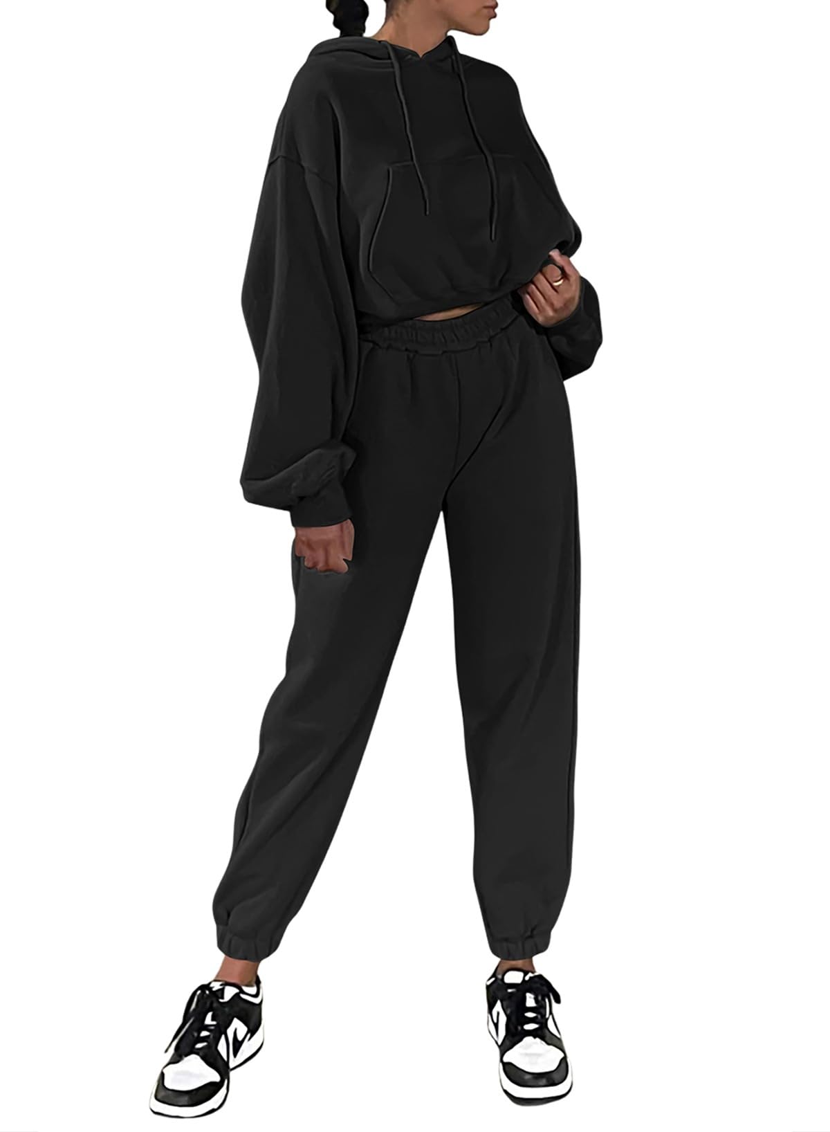 Fleece Crop Hoodie Sweatshirt with Jogger Pants - Tracksuit Lounge Set