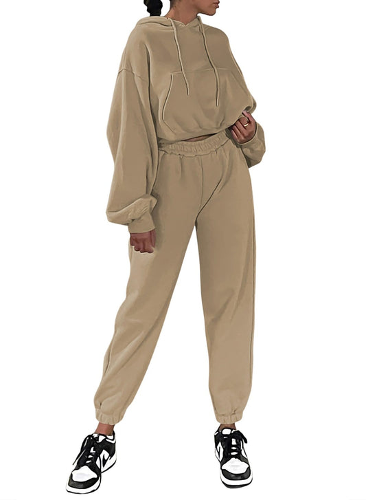 Fleece Crop Hoodie Sweatshirt with Jogger Pants - Tracksuit Lounge Set