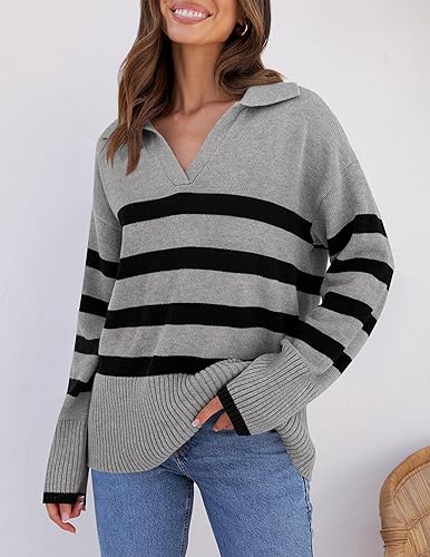 Lapel V Neck Long Sleeve Striped Chunky Knit Oversized Pullover Sweater