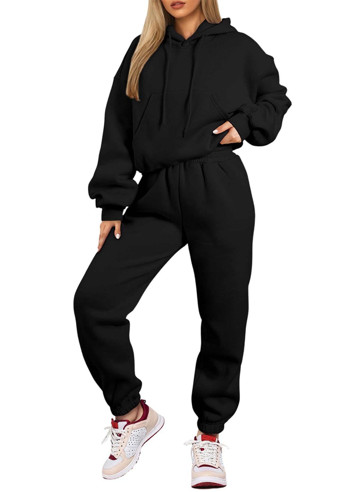 Fleece Crop Hoodie Sweatshirt with Jogger Pants - Tracksuit Lounge Set