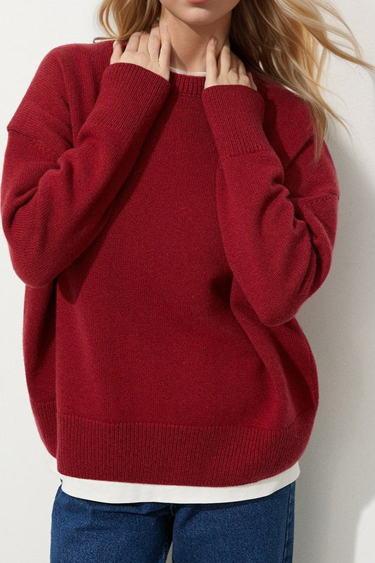 Round Neck Dropped Shoulder Long Sleeve Sweater ONE SIZE