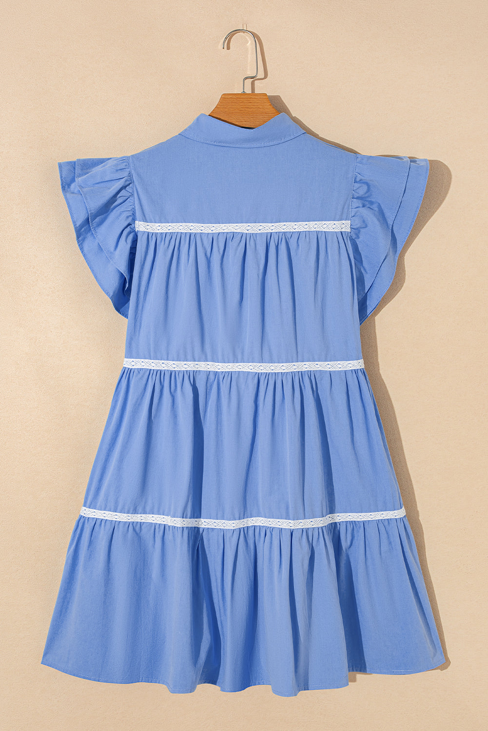 Sky Blue Lace Trim Accent Ruffled Tiered Dress