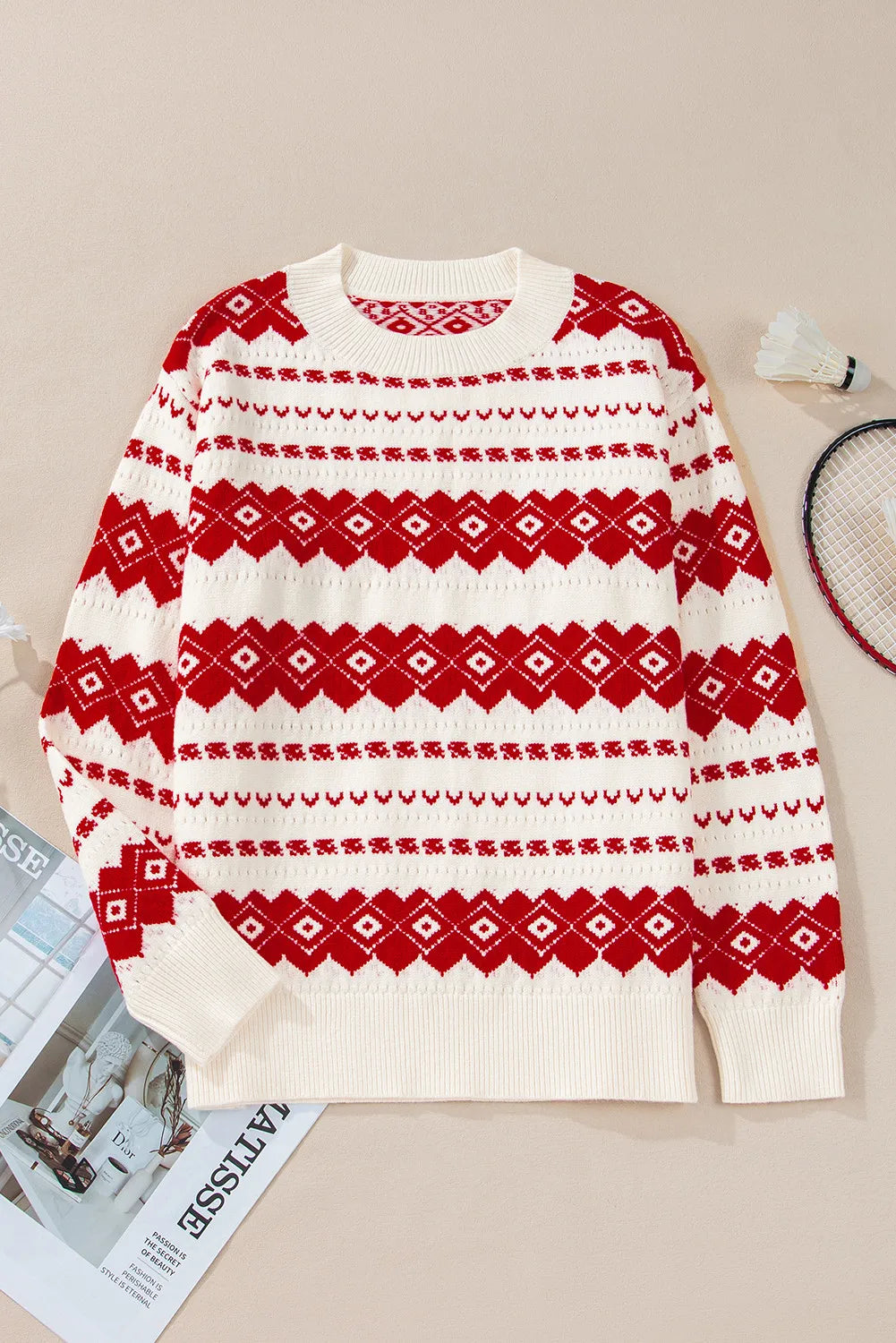 Geometric Round Neck Dropped Shoulder Sweater-CHRISTMAS SWEATER